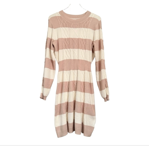 NWT Women's Lucky Brand Long Sleeve Striped Knit Dress L Beige White - Picture 2 of 12